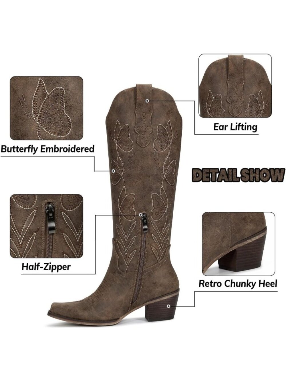 〽️Women's Mid-Calf Cowgirl Boot Brown Leather Block Pointed Toe Heel Floral - Picture 4 of 6